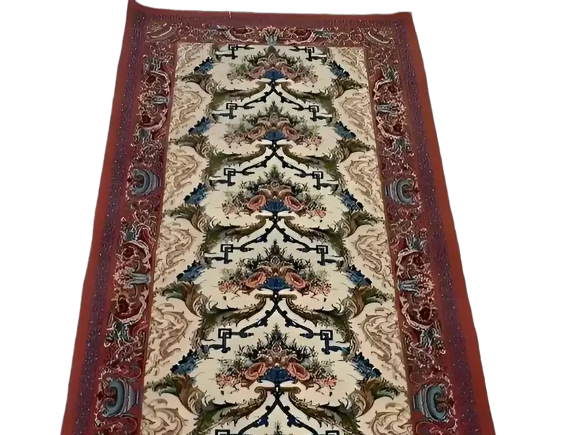 "Elegant Persian-style wool and silk runner rug, hand-crafted in Isfahan, Iran, showcasing classic red patterns and 640,000 knots per square meter."